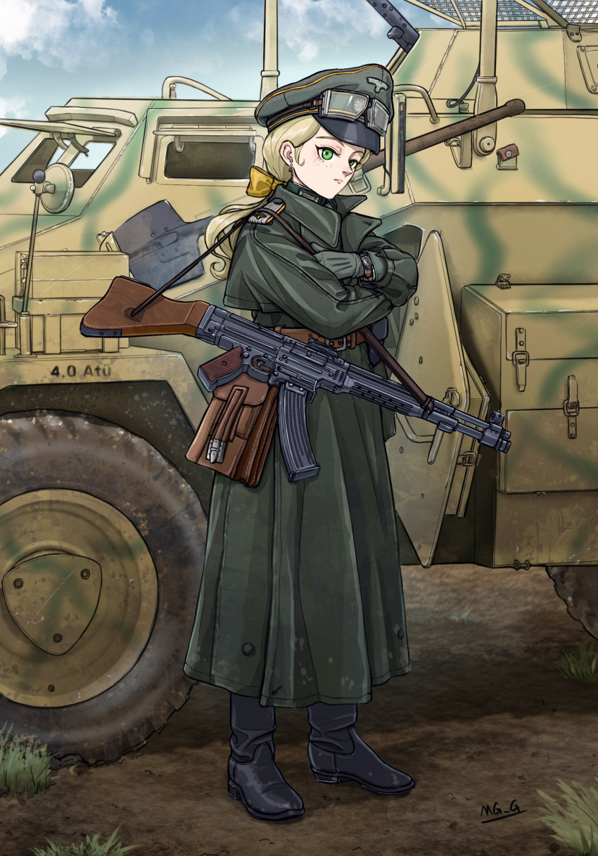 1girl, armored_personnel_carrier, armored_vehicle, artist_name, assault_rifle, bag, belt, black_boots