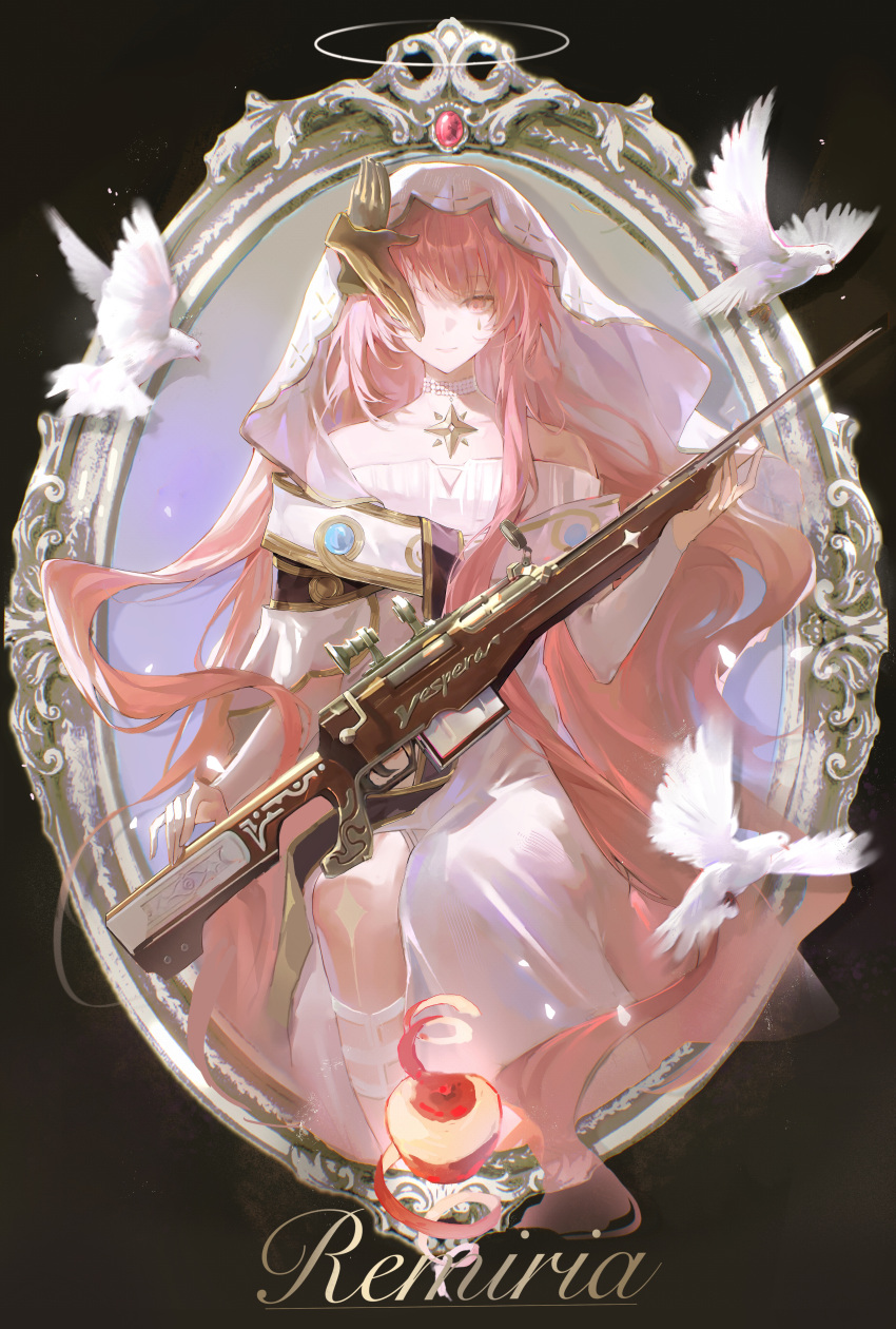 1girl, absurdres, ambience_synesthesia, apple, arknights, bare_shoulders, bird, black_background