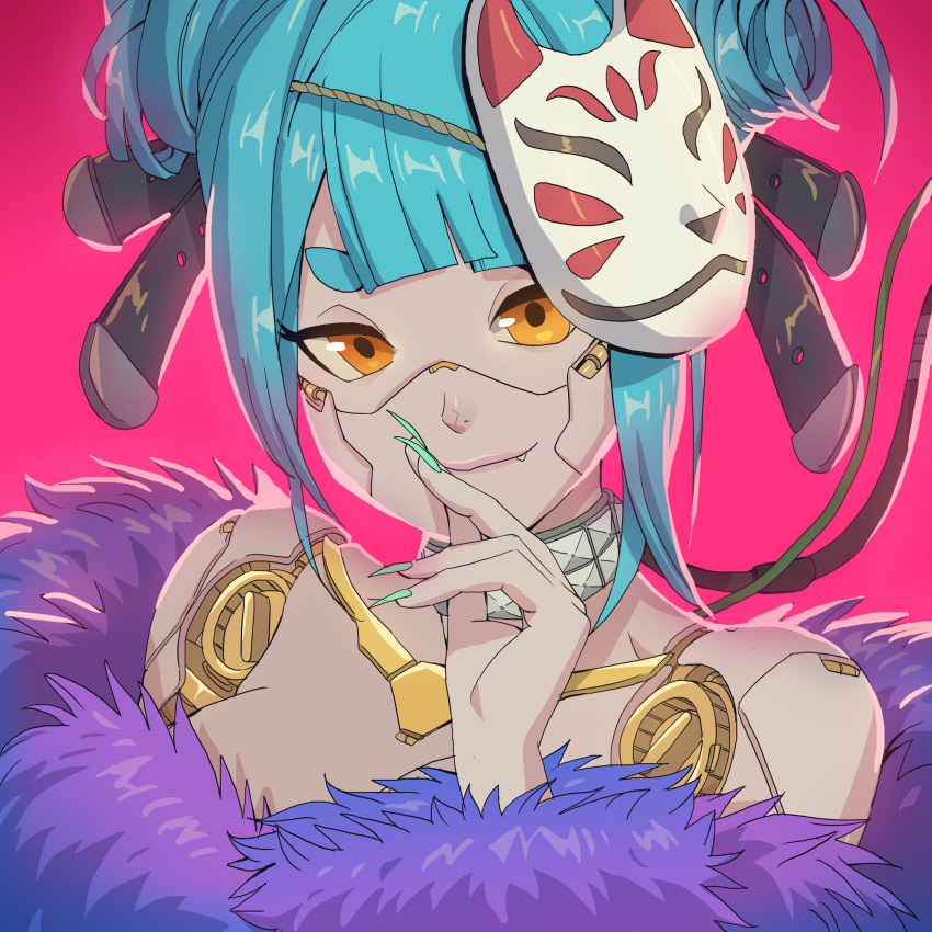 1girl, absurdres, bare_shoulders, blue_hair, blue_nails, breasts, cable, choker