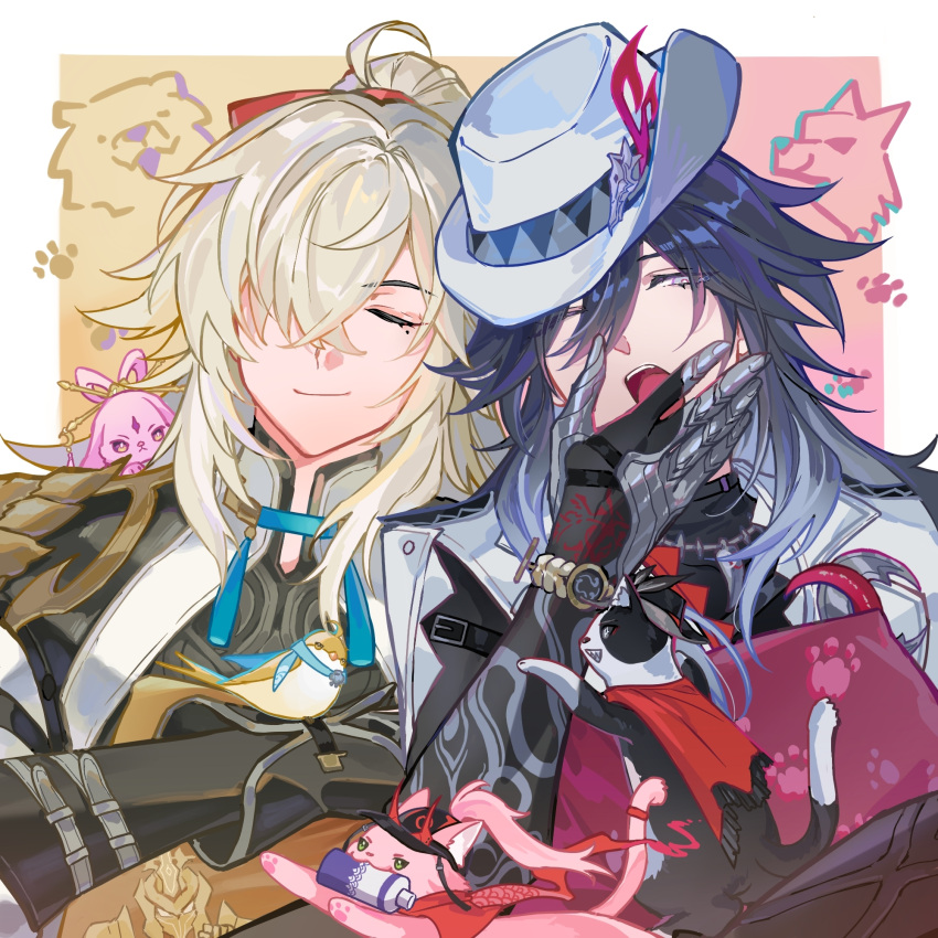 2boys, animalization, ashveil_(honkai:_star_rail), belt, bird, black_hair, boothill_(honkai:_star_rail), border