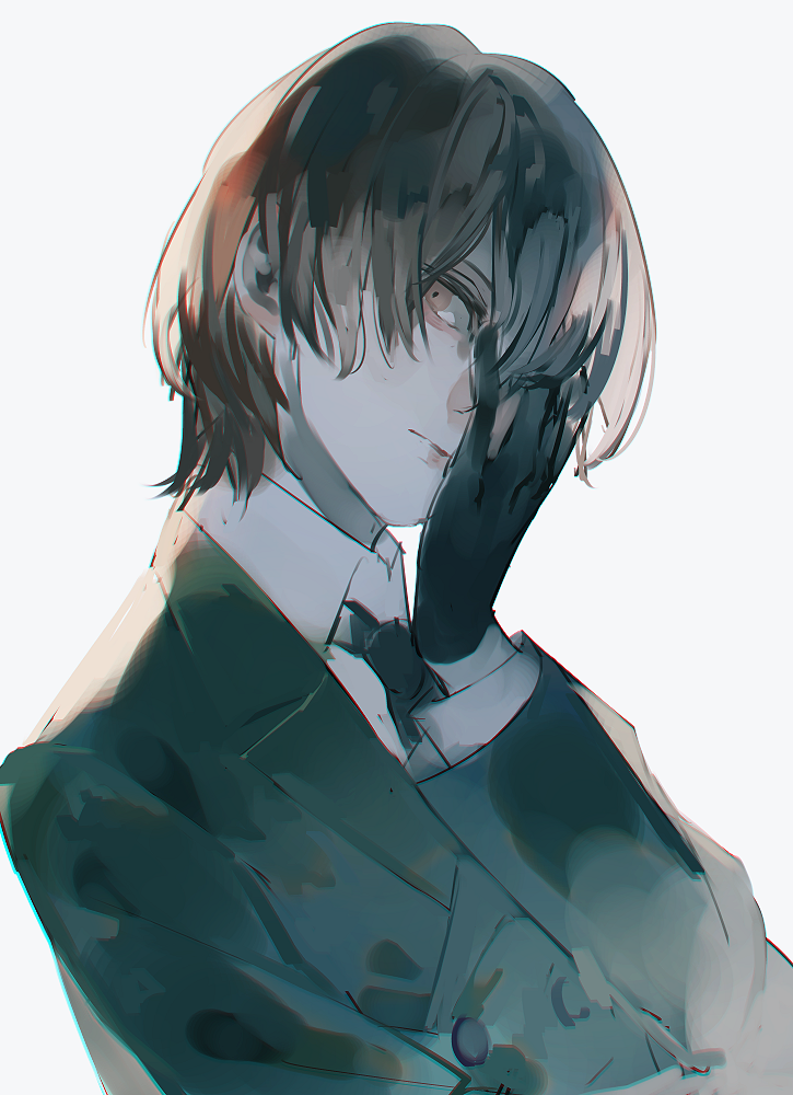 1boy, akechi_gorou, black_gloves, black_necktie, blazer, brown_hair, closed_mouth, collared_shirt