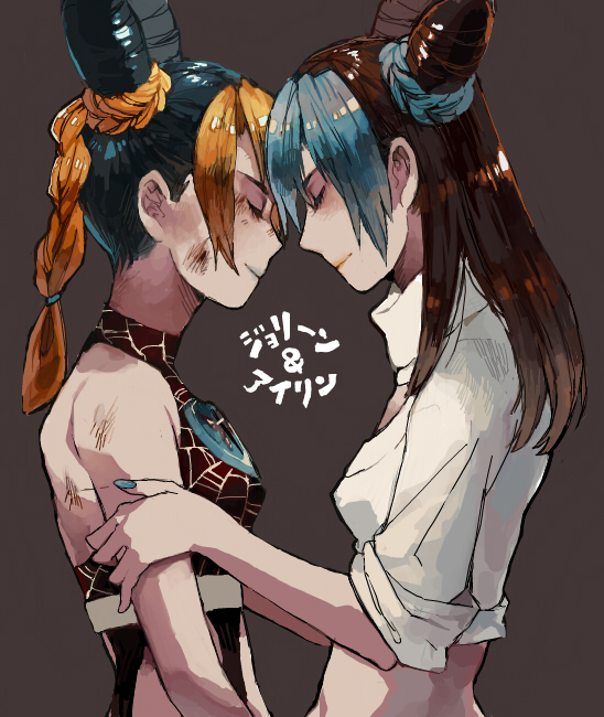 alternate_costume, alternate_hairstyle, aoki, aoki_(fumomo), bare_shoulders, blonde_hair, blue_hair, braid