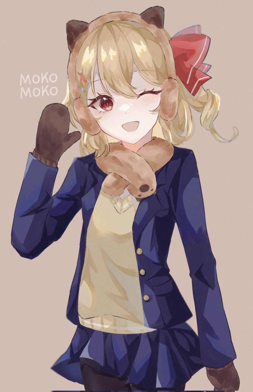 1girl, alternate_costume, animal_ear_headphones, animal_ears, black_pantyhose, blonde_hair, blue_jacket, blue_skirt