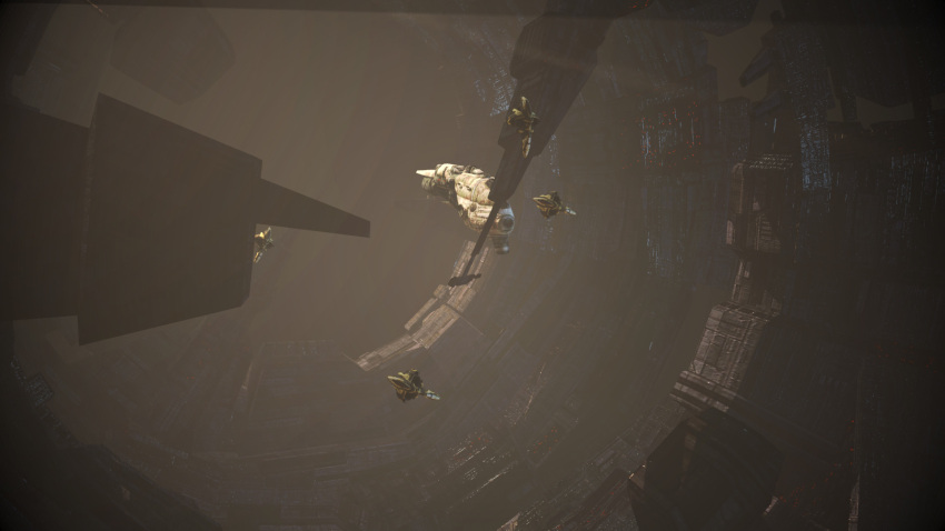 3d, amarr_empire_(eve_online), angel_cartel_(eve_online), autodesk_3ds_max_(medium), brown_theme, commentary, cruiser_(eve_online), english_commentary, eve_online, heavy_fighter_(eve_online), highres, logistics_ship_(eve_online), military_vehicle, minmatar_republic_(eve_online), no_humans, realistic, scenery, science_fiction, space_station, spacecraft, starfighter, support_ship_(eve_online), swp