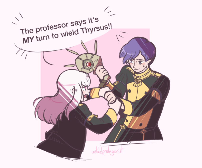 1boy, 1girl, arguing, blush, cropped_torso, english_text, fire_emblem, fire_emblem:_three_houses