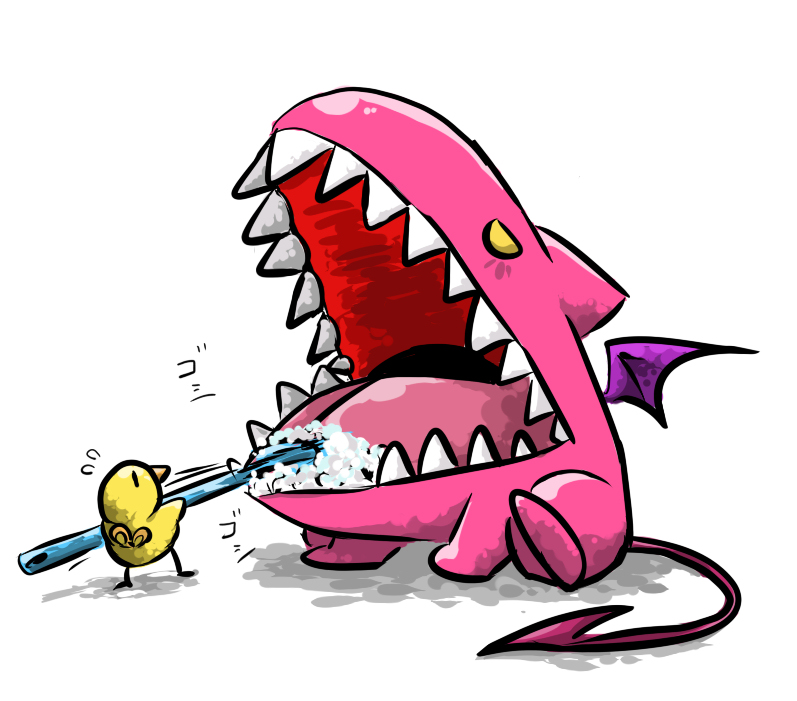 brushing_teeth, demon_tail, demon_wings, foam, kokh, mother_(game), mother_3, open_mouth