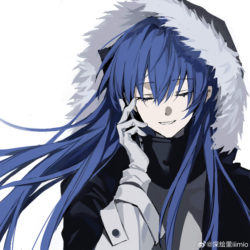 1girl, absurdres, arknights, black_jacket, blue_hair, cellphone, chinese_commentary, closed_eyes