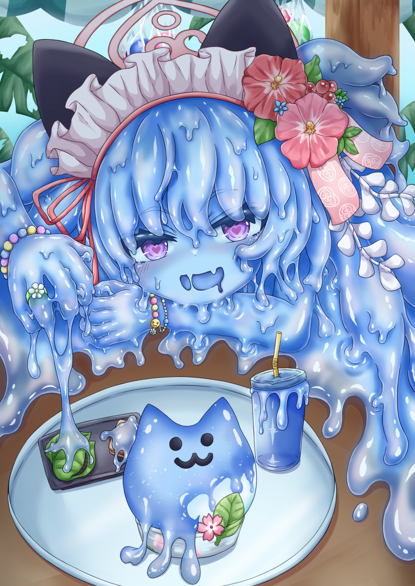 1girl, absurdres, animal_ears, babaaru, bead_bracelet, beads, blue_archive, blue_hair, blue_skin, bracelet, cat_ears, colored_skin, cup, drink, dripping, fang, flower, food, hair_flower, hair_ornament, halo, headdress, heart, heart-shaped_pupils, highres, jewelry, melting, monster_girl, open_mouth, plate, shizuko_(blue_archive), slime_girl, smile, symbol-shaped_pupils, violet_eyes