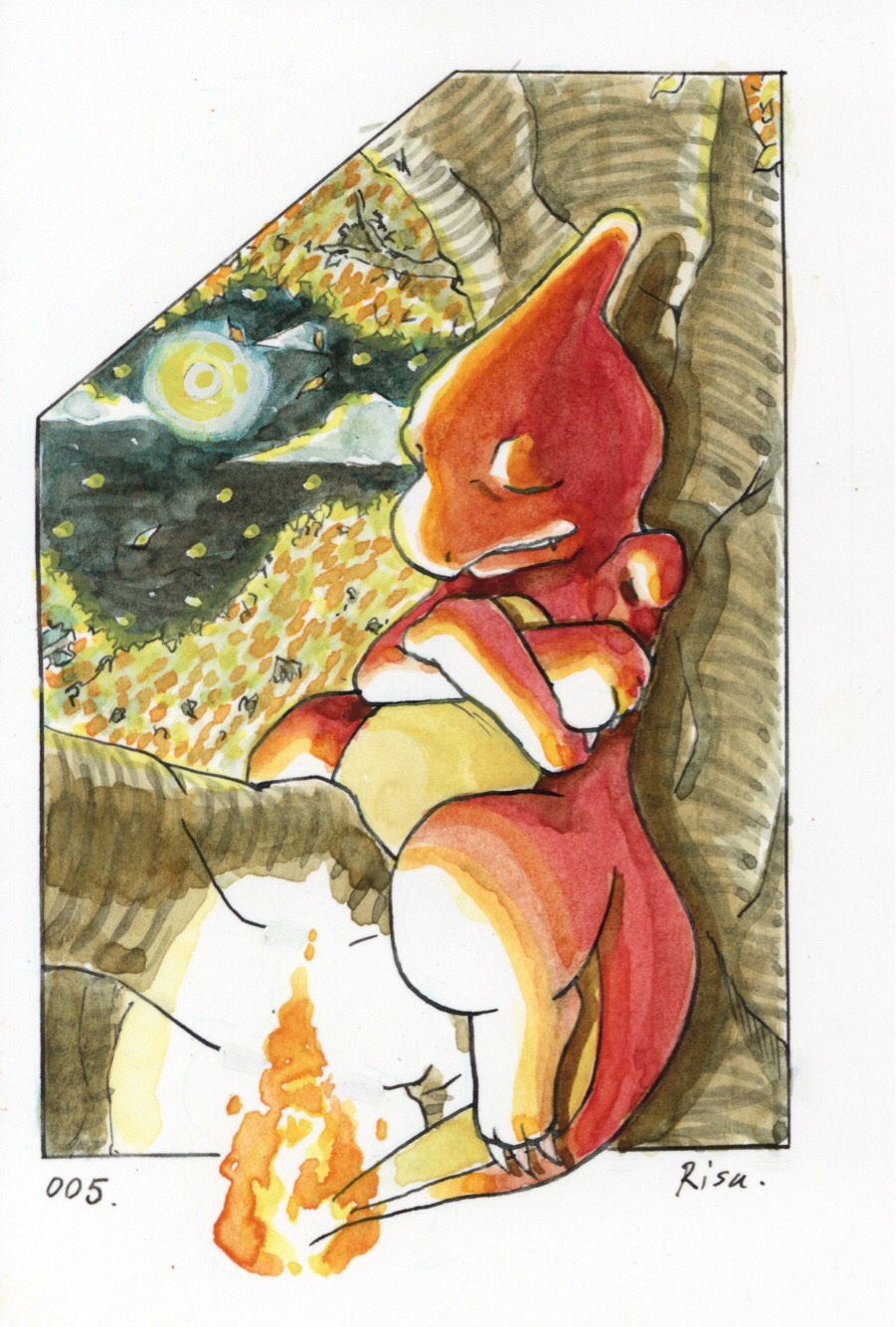 border, charmeleon, claws, closed_eyes, closed_mouth, commentary_request, crossed_arms, fire