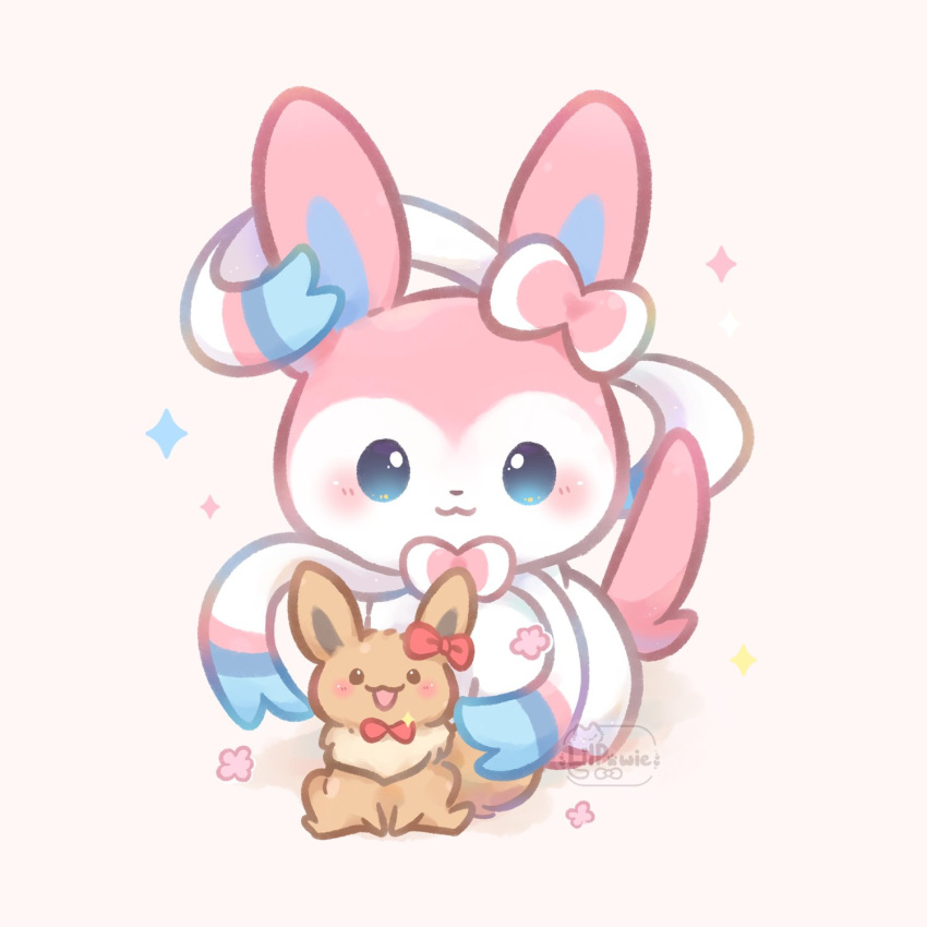 artist_name, blue_eyes, blush, bow, brown_eyes, eevee, english_commentary, flower