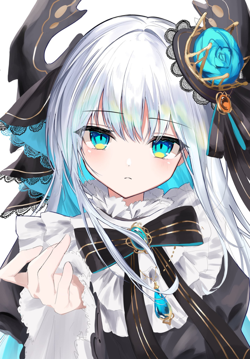 1girl, black_ribbon, blue_eyes, closed_mouth, commentary_request, dor4kr, hair_between_eyes, highres