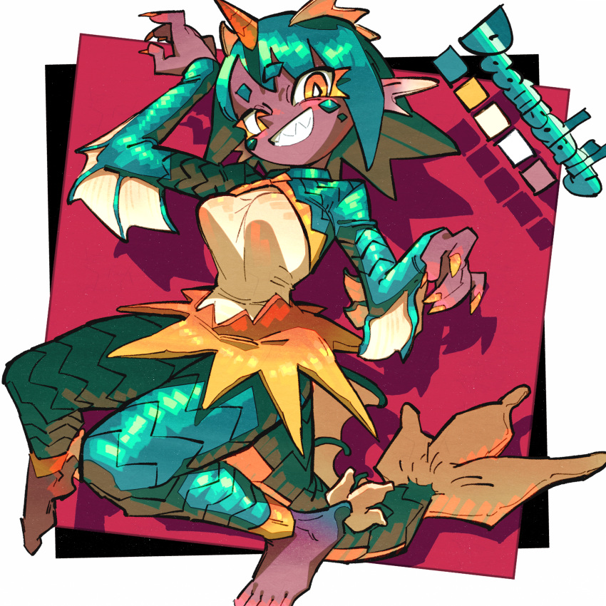 1girl, barefoot, claws, colored_skin, dark_skin, doomsdaily333, dragon_girl, dynamic_pose, fins, grin, highres, horns, looking_at_viewer, looking_down, monster_girl, original, purple_skin, red_background, scales, sharp_teeth, short_hair, simple_background, slit_pupils, smile, solo, tail, teeth, yellow_eyes