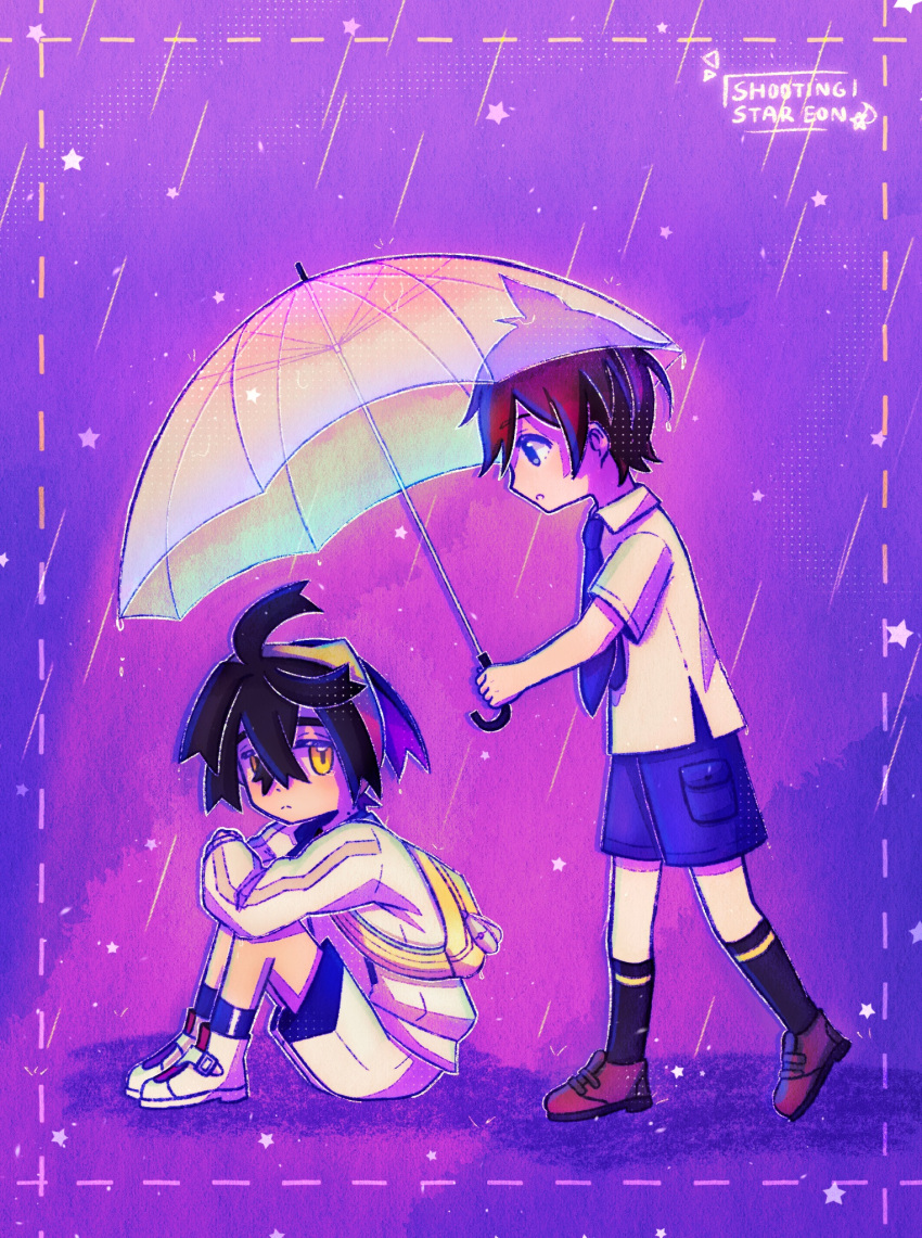 2boys, ahoge, ankle_socks, artist_name, black_hair, black_socks, blue_eyes, blue_necktie