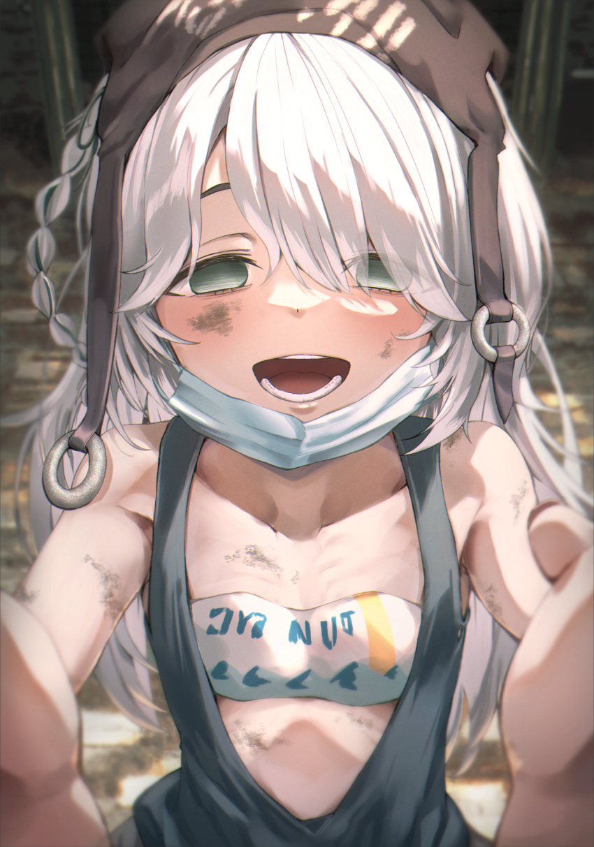 1girl, breasts, child, dirty, dirty_arm, dirty_clothes, dirty_face, dot_nose