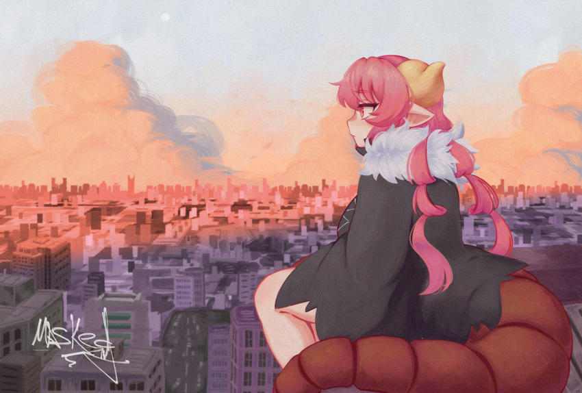 1girl, absurdres, bare_legs, black_jacket, breasts, city, cityscape, commentary, dragon_girl, dragon_horns, dragon_tail, english_commentary, fur-trimmed_jacket, fur_trim, highres, horns, ilulu_(maidragon), jacket, kobayashi-san_chi_no_maidragon, large_breasts, long_hair, masked_ink, pointy_ears, red_eyes, red_hair, signature, sitting, solo, sunset, tail