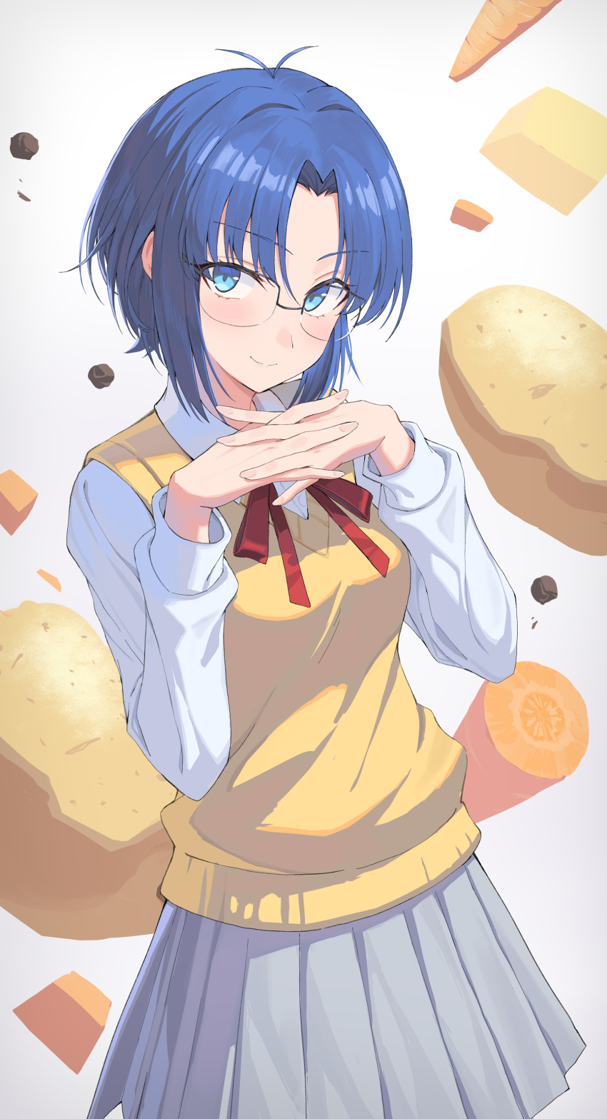 1girl, absurdres, blue_hair, blush, ciel_(tsukihime), glasses, highres, interlocked_fingers