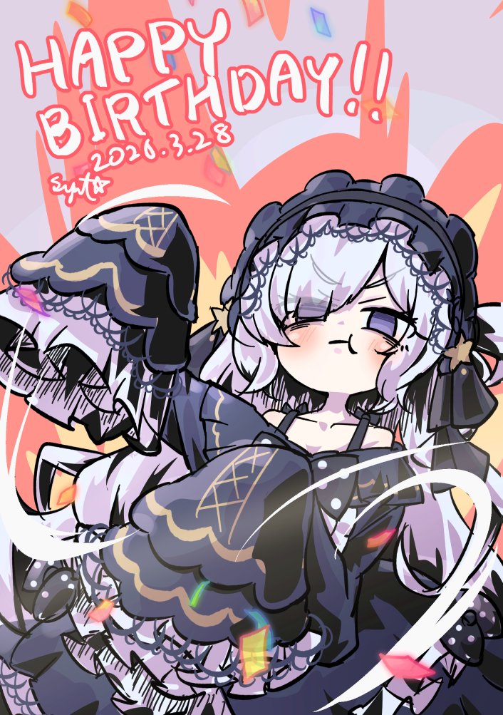 1girl, :t, bare_shoulders, blue_hairband, bow, closed_mouth, commentary_request, confetti