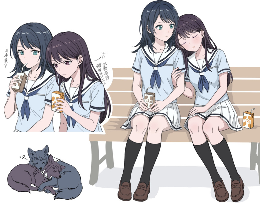 2girls, bang_dream!, bang_dream!_it's_mygo!!!!!, black_hair, black_socks, blue_eyes, blue_ribbon, brown_shoes