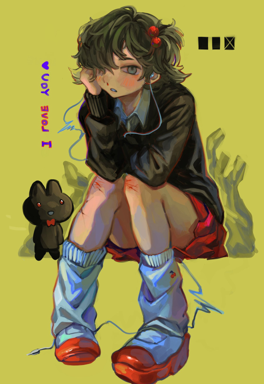 1girl, bad_id, bad_pixiv_id, brown_hair, earphones, english_text, full_body, green_eyes