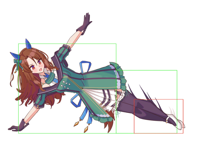 1girl, absurdres, animal_ears, black_gloves, black_thighhighs, commentary, dress, dutch_angle, ear_covers, frilled_thighhighs, frills, gloves, green_dress, hand_on_floor, haniiders, highres, horse_ears, horse_girl, horse_tail, king_halo_(king_of_emeralds)_(umamusume), king_halo_(umamusume), medium_hair, open_mouth, red_eyes, smile, solo, tail, thigh-highs, thigh_strap, umamusume