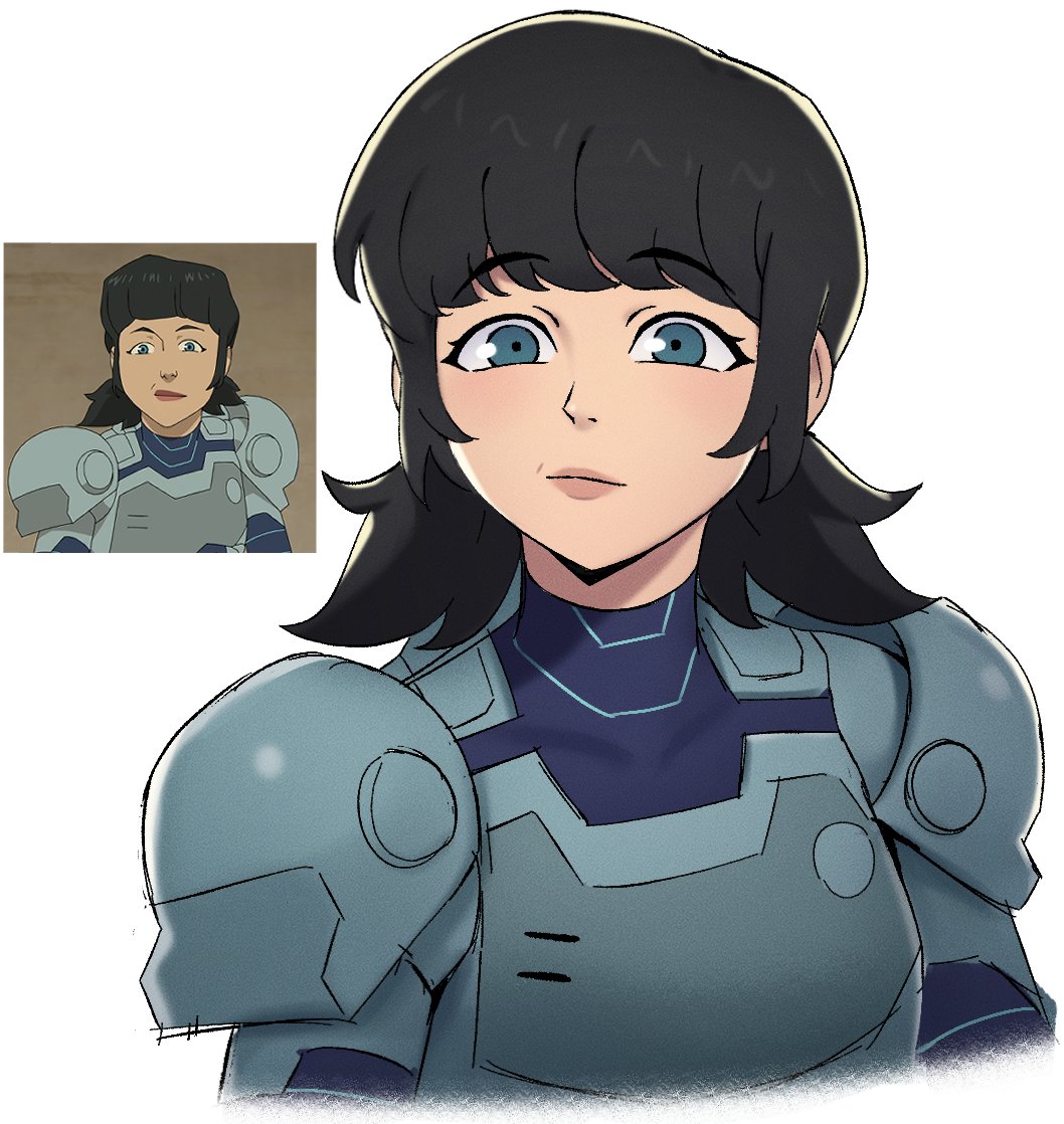 1girl, armor, black_hair, blue_bodysuit, blue_eyes, bodysuit, breastplate, cropped_torso