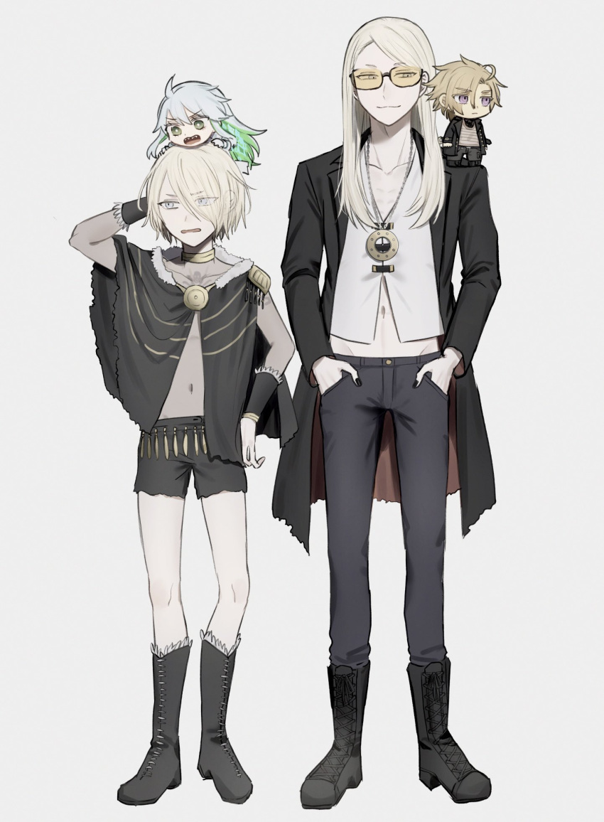 1girl, 3boys, blonde_hair, blue_eyes, boots, chibi, choker, commentary