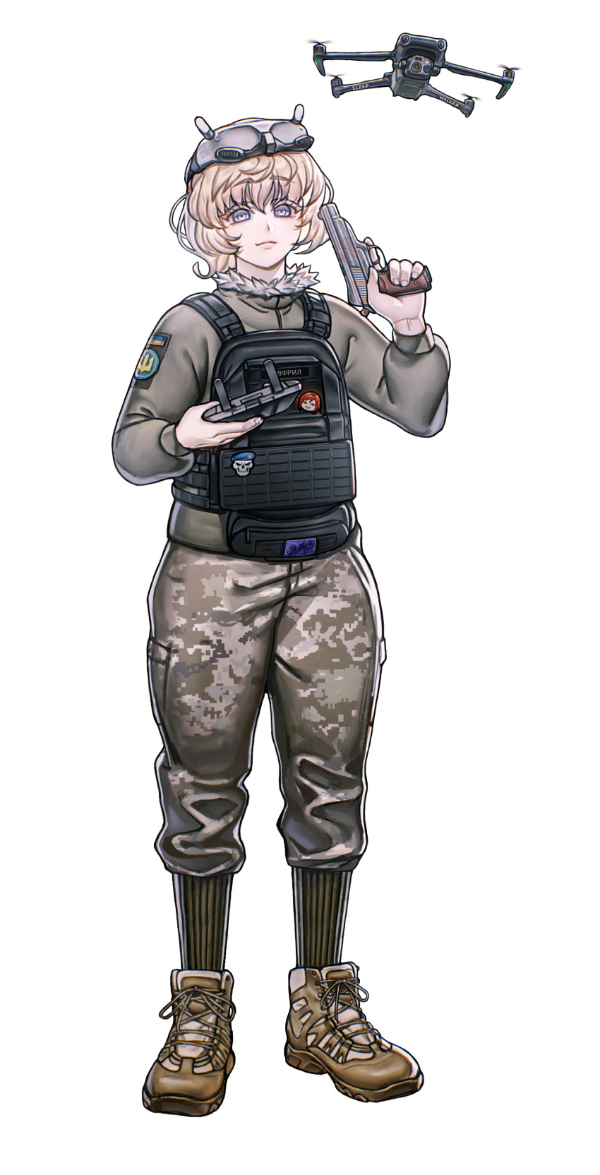 1girl, 35th_marine_brigade, absurdres, blonde_hair, body_armor, callsign, camouflage, camouflage_pants, character_patch, commission, commissioner_upload, controller, digital_camouflage, flag_patch, fluffy_hair, full_body, fur-trimmed_collar, fur_trim, gun, handgun, head-mounted_display, highres, holding, holding_controller, holding_gun, holding_weapon, kenneth_del_duca, krole_nyatko, military, morale_patch, non-web_source, original, pants, quadcopter, ribbed_socks, russo-ukrainian_war, shoes, smile, sneakers, socks, solo, stechkin_aps, tanya_degurechaff, tanya_degurechaff_(sleepwalker), transparent_background, tryzub, ukrainian_flag, ukrainian_marine_corps, violet_eyes, weapon, youjo_senki