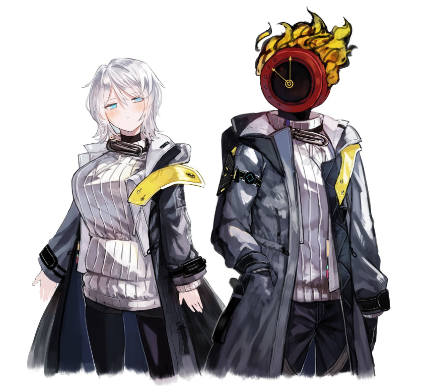 1girl, 1other, arknights, arknights:_endfield, black_coat, black_pants, black_pantyhose, black_shorts, blue_eyes, clock, closed_mouth, coat, commentary, cosplay, cowboy_shot, dante_(limbus_company), endministrator_(arknights), faust_(project_moon), female_endministrator_(arknights), female_endministrator_(arknights)_(cosplay), flaming_head, hand_in_pocket, highres, limbus_company, looking_at_viewer, male_endministrator_(arknights), male_endministrator_(arknights)_(cosplay), object_head, pants, pantyhose, pantyhose_under_shorts, project_moon, ribbed_sweater, short_hair, shorts, simple_background, starhoshi, sweater, turtleneck, turtleneck_sweater, untranslatable_commentary, white_background, white_hair, white_sweater