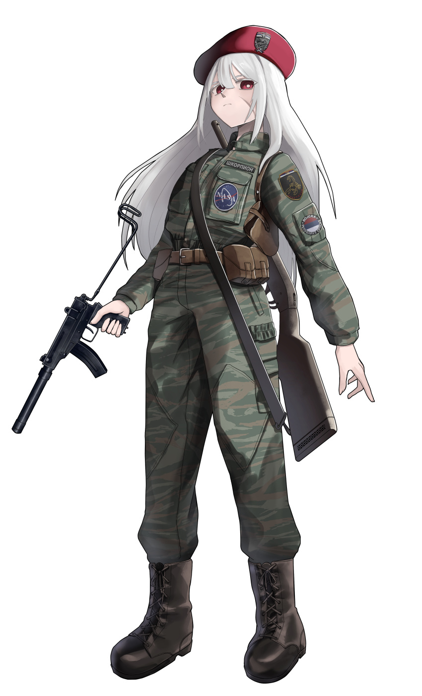 1girl, absurdres, albino, belt, belt_pouch, beret, boots, camouflage