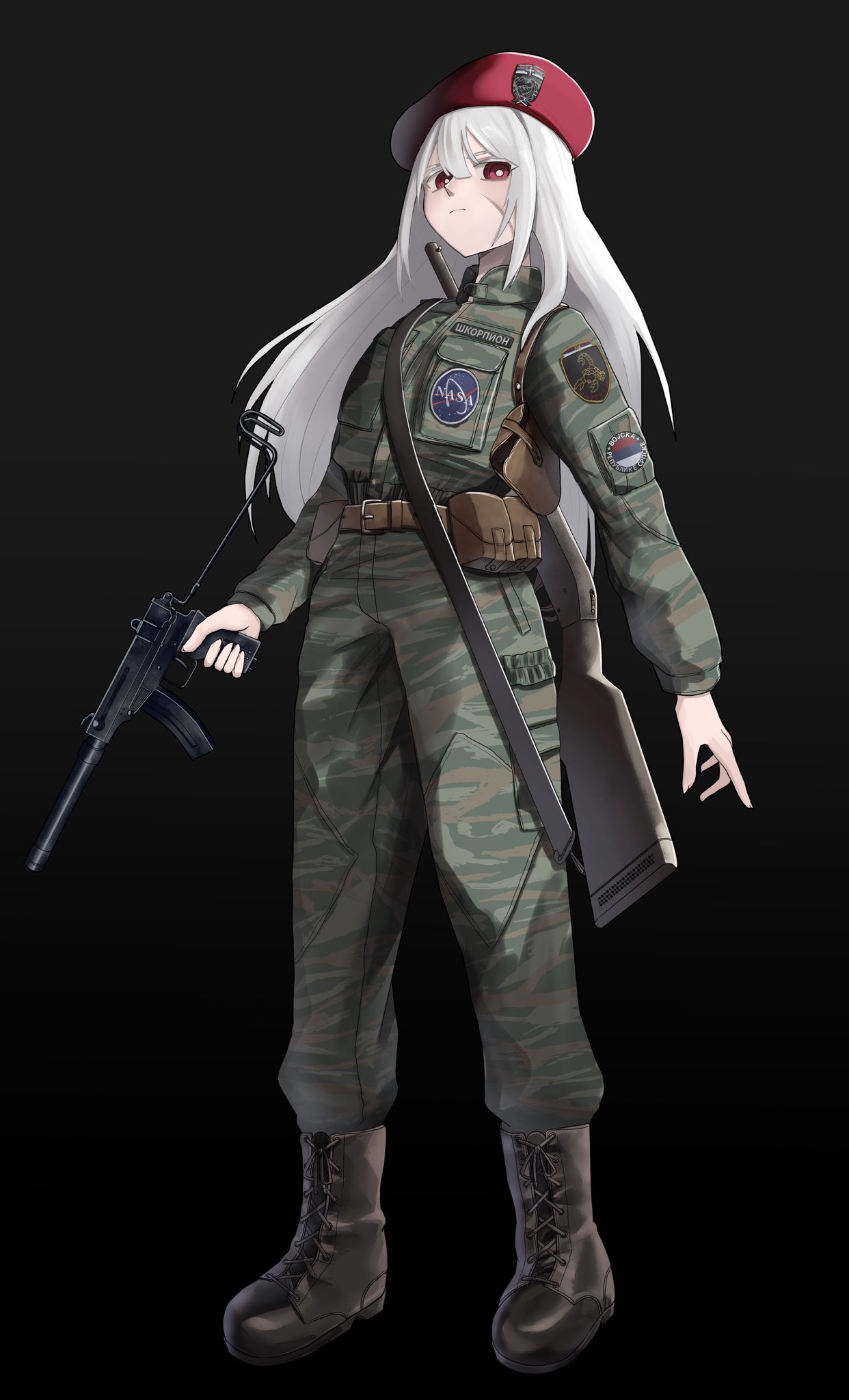 1girl, albino, belt, belt_pouch, beret, boots, camouflage, camouflage_jacket