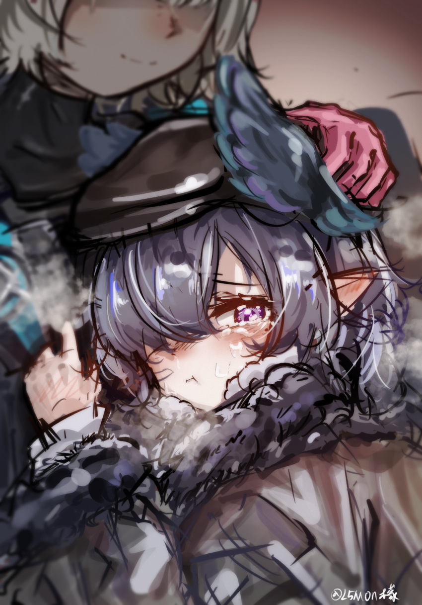 2girls, :i, arknights, artist_name, black_hat, blue_hair, blush, chinese_commentary