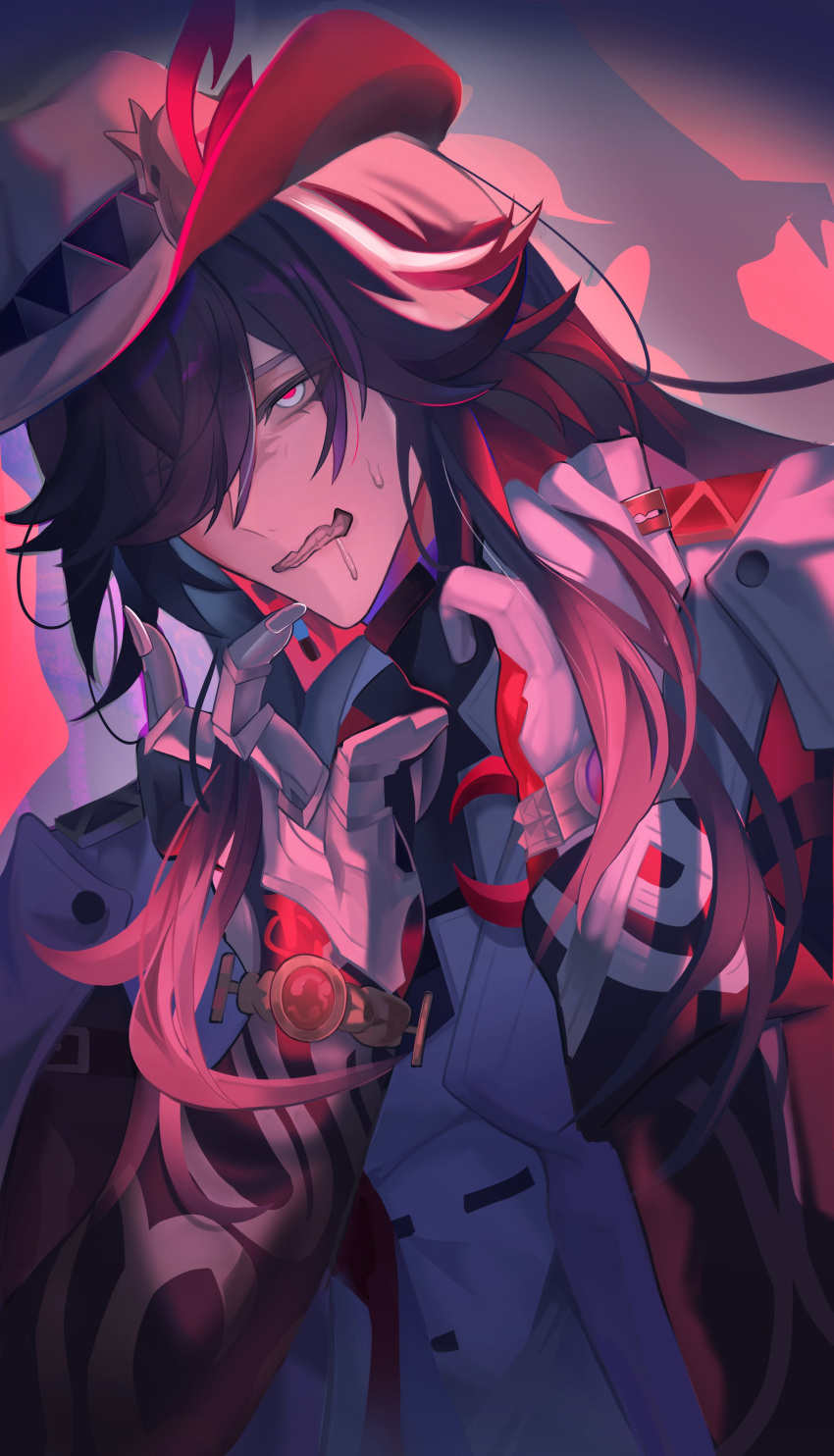 1boy, absurdres, ashveil_(honkai:_star_rail), black_hair, black_shirt, crescent, crescent_pin, drooling
