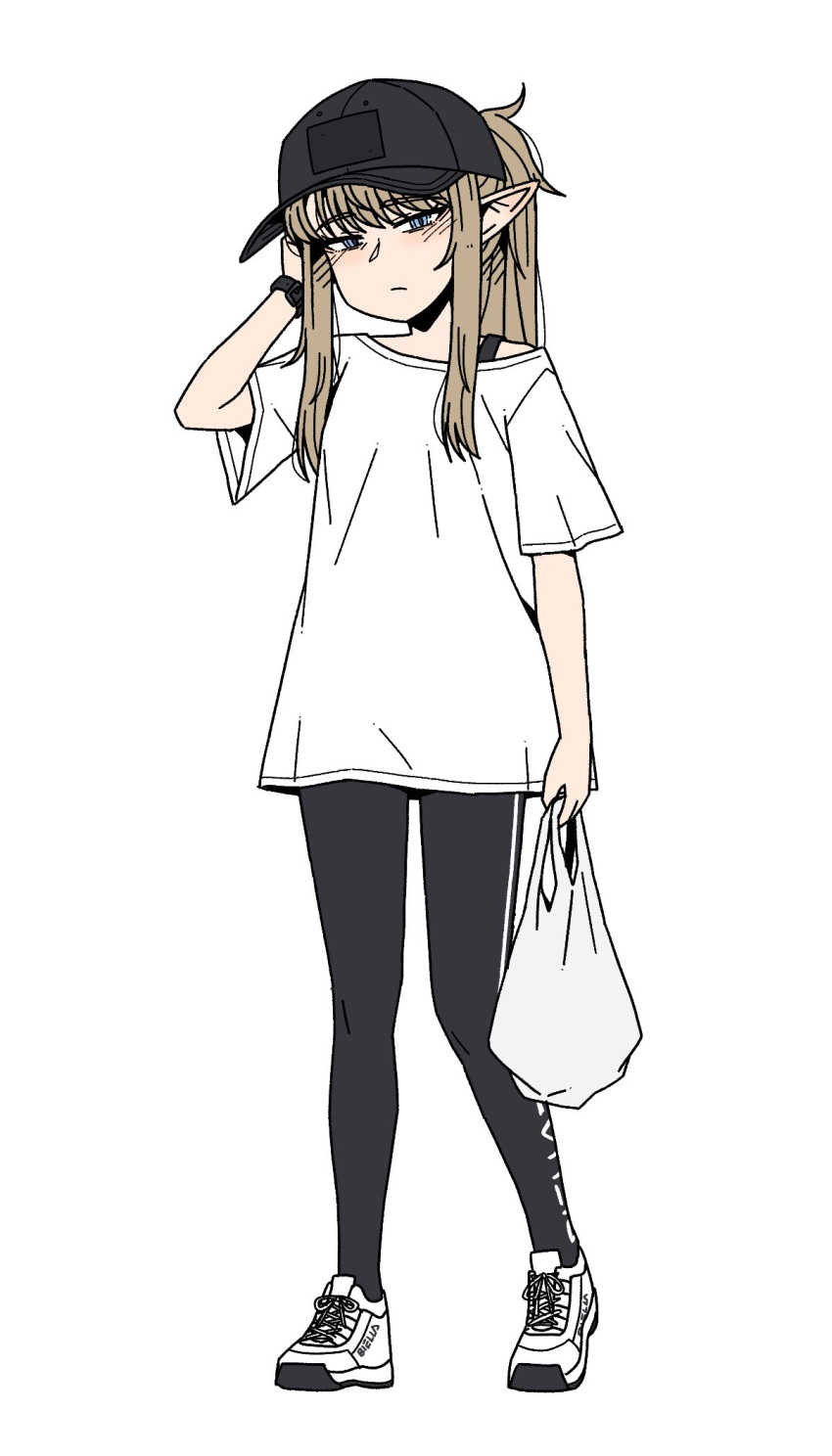 1girl, bag, baseball_cap, black_hat, black_leggings, blonde_hair, blue_eyes, breasts, closed_mouth, full_body, hand_up, hat, highres, holding, holding_bag, karepack, leggings, long_hair, looking_at_viewer, medium_breasts, original, pointy_ears, ponytail, shirt, shoes, single_off_shoulder, solo, watch, white_shirt, white_shoes, yi_jina