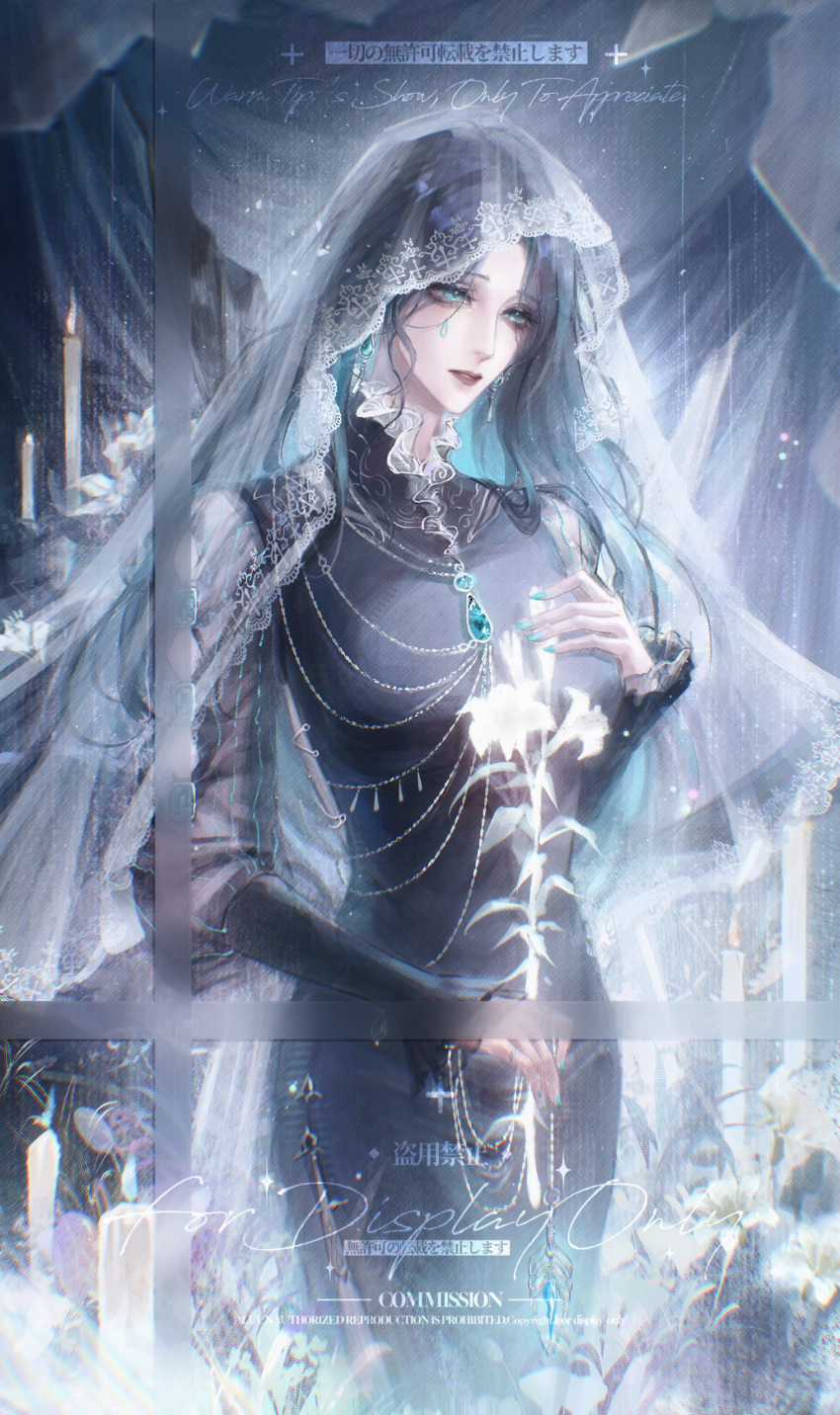 1girl, absurdres, bridal_veil, candle, cowboy_shot, dress, facial_mark, hair_down