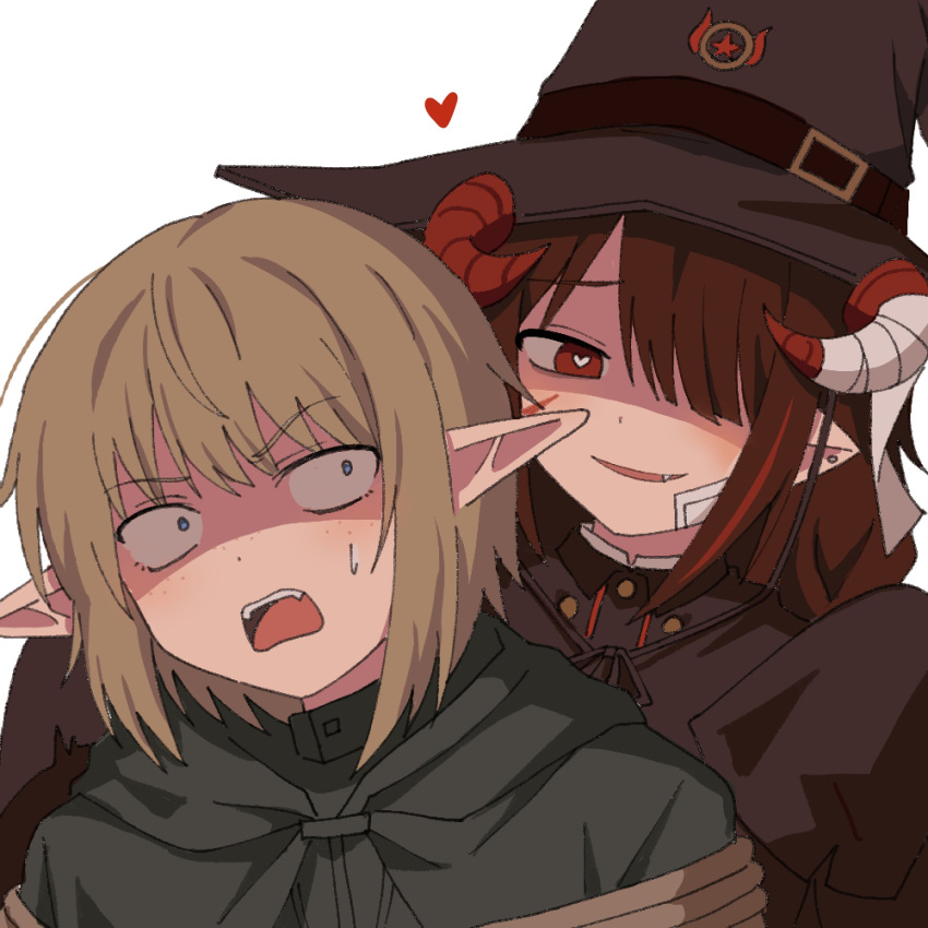 2girls, bandage_on_face, bandages, blonde_hair, blue_eyes, bound, brown_cloak, cloak