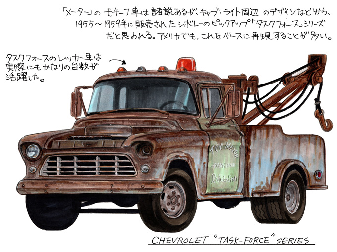 arrow_(symbol), cars_(movie), chevrolet, chevrolet_task-force, commentary_request, damaged, endo_izuru, motor_vehicle