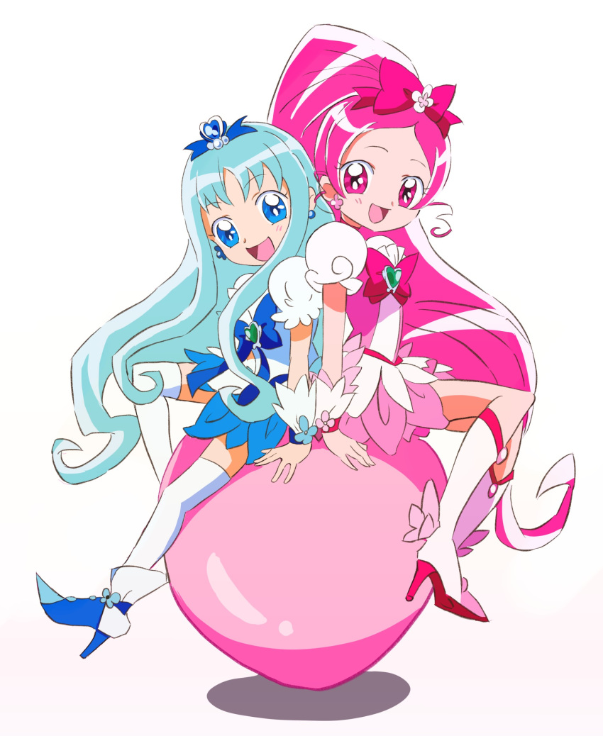 2girls, :d, ankle_boots, arm_support, back-to-back, blue_boots, blue_bow, blue_dress