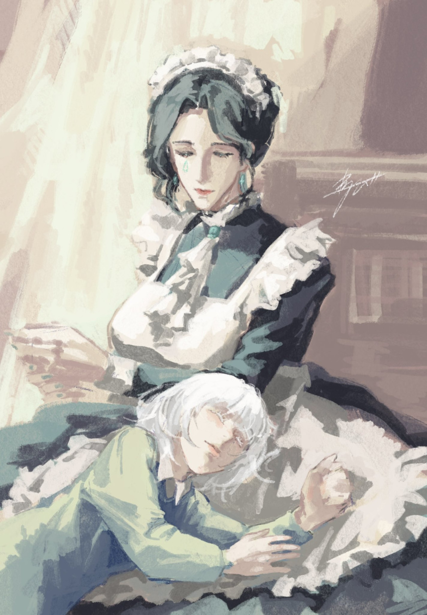 2girls, apron, black_hair, choryu_desu, closed_eyes, commentary_request, facial_mark, highres, jelena_(path_to_nowhere), korean_commentary, lying_on_lap, maid, maid_apron, maid_headdress, multiple_girls, path_to_nowhere, short_hair, teardrop_facial_mark, white_hair