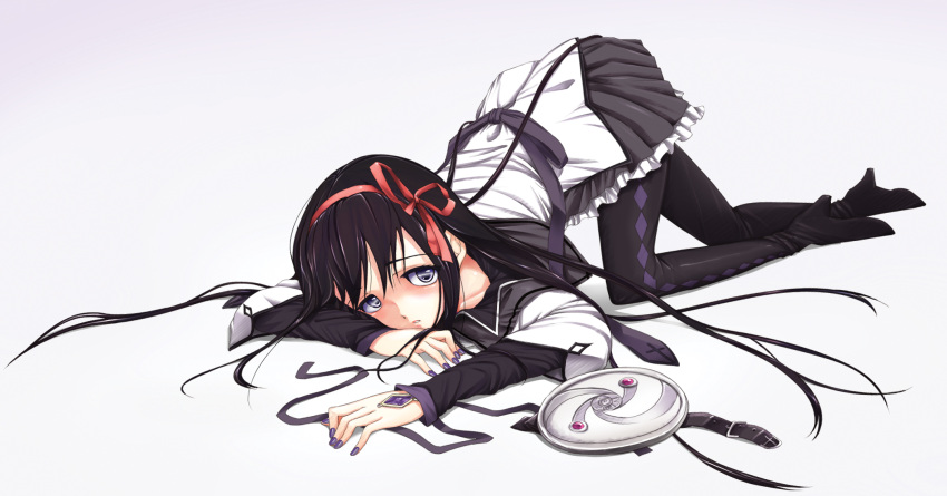 akemi_homura, all_fours, black_hair, blush, boots, crawling, grey_eyes, hair_ribbon
