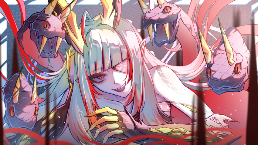 1girl, absurdres, ahoge, black_gauntlets, blunt_bangs, breasts, chest_sarashi, claws