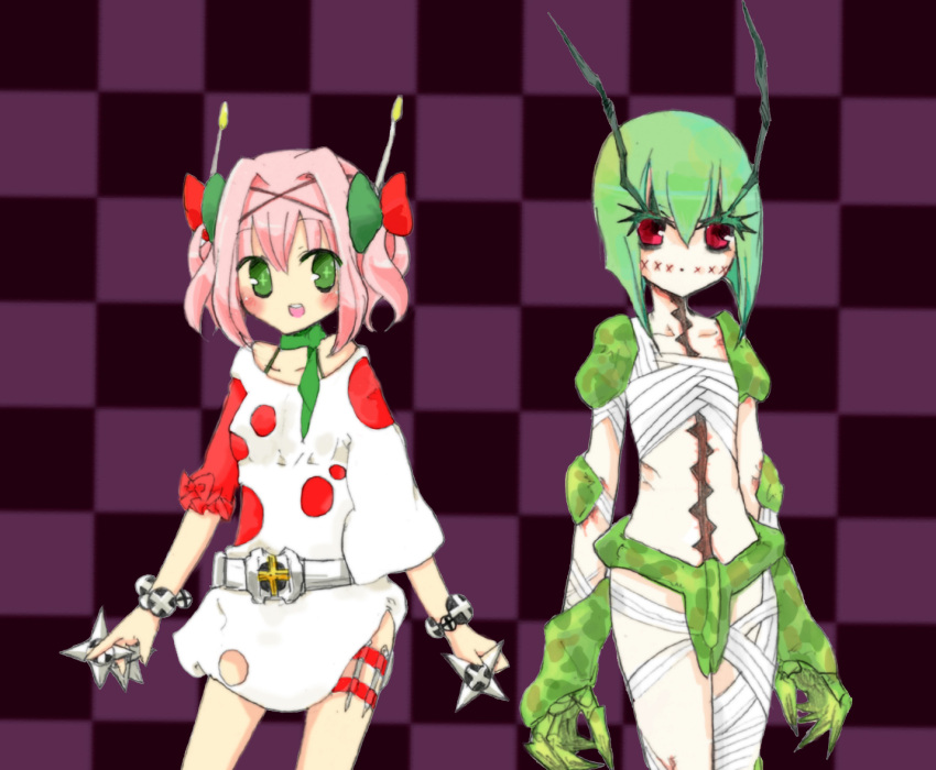 2girls, bandages, female, genderswap, green_eyes, green_hair, kamen_rider, kamen_rider_shin