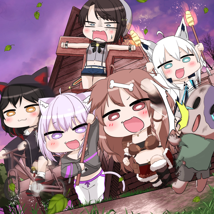 5girls, absurdres, animal_ears, black_hair, black_hoodie, bone_hair_ornament, brown_eyes, brown_hair