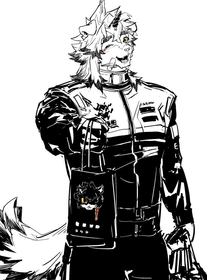 1boy, aak_(arknights), absurdres, animal_ears, arknights, bag, bandaid, commentary, dog_ears, dog_tail, english_commentary, fangs, furry, furry_male, highres, holding, holding_bag, horns, hung_(arknights), komainu_boy, kotei_haijin, looking_at_viewer, male_focus, monochrome, multicolored_hair, one_eye_closed, open_mouth, single_horn, tail