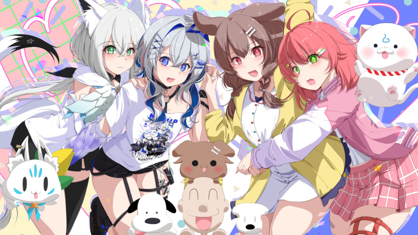 35p_(sakura_miko), 4girls, amane_kanata, amane_kanata_(cutesy_punk), animal_ear_fluff, animal_ears, aqua_eyes, bandaid
