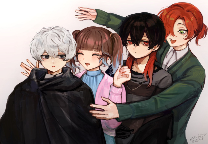 1girl, 3boys, :d, black_cloak, black_hair, blue_hair, blue_shirt, brown_hair