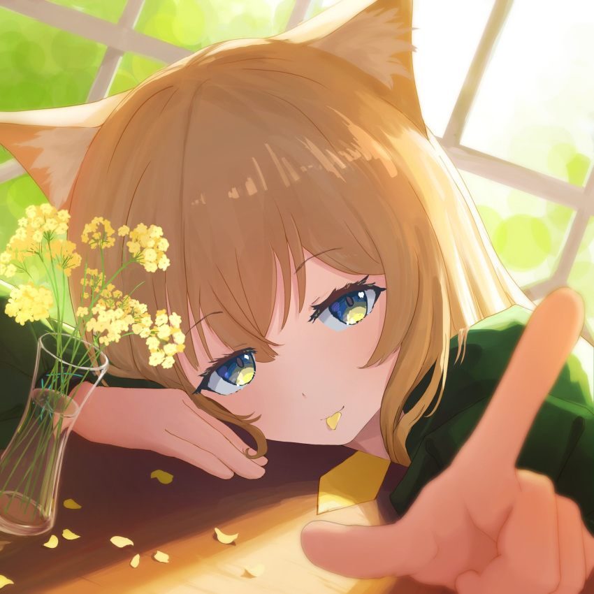 1girl, animal_ear_fluff, animal_ears, arknights, blonde_hair, blue_eyes, closed_mouth, dog_ears, dog_girl, flower, green_jacket, hair_between_eyes, highres, index_finger_raised, jacket, long_sleeves, looking_at_viewer, petal_in_mouth, petals, podenco_(arknights), pointing, pointing_at_viewer, pt-cr, ribbon, smile, solo, thumb, yellow_flower, yellow_petals, yellow_ribbon