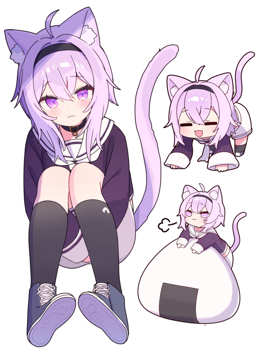 1girl, :3, ahoge, all_fours, animal_collar, animal_ear_fluff, animal_ears, bad_id, bad_twitter_id, black_socks, blue_shoes, cat_ears, cat_girl, cat_tail, chibi, closed_eyes, closed_mouth, collar, food, full_body, hair_between_eyes, hairband, highres, hololive, hugging_own_legs, knees_up, long_sleeves, looking_at_viewer, multiple_views, neckerchief, nekomata_okayu, nekomata_okayu_(school_uniform), official_alternate_costume, onigiri, puff_of_air, purple_hair, purple_tail, sailor_collar, shoe_soles, shoes, short_hair, simple_background, sitting, smile, sneakers, socks, tail, violet_eyes, virtual_youtuber, white_background, white_neckerchief, zenshin