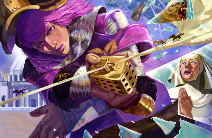 1girl, bandages, bear, black_hat, bodysuit, broken_glass, building, capelet