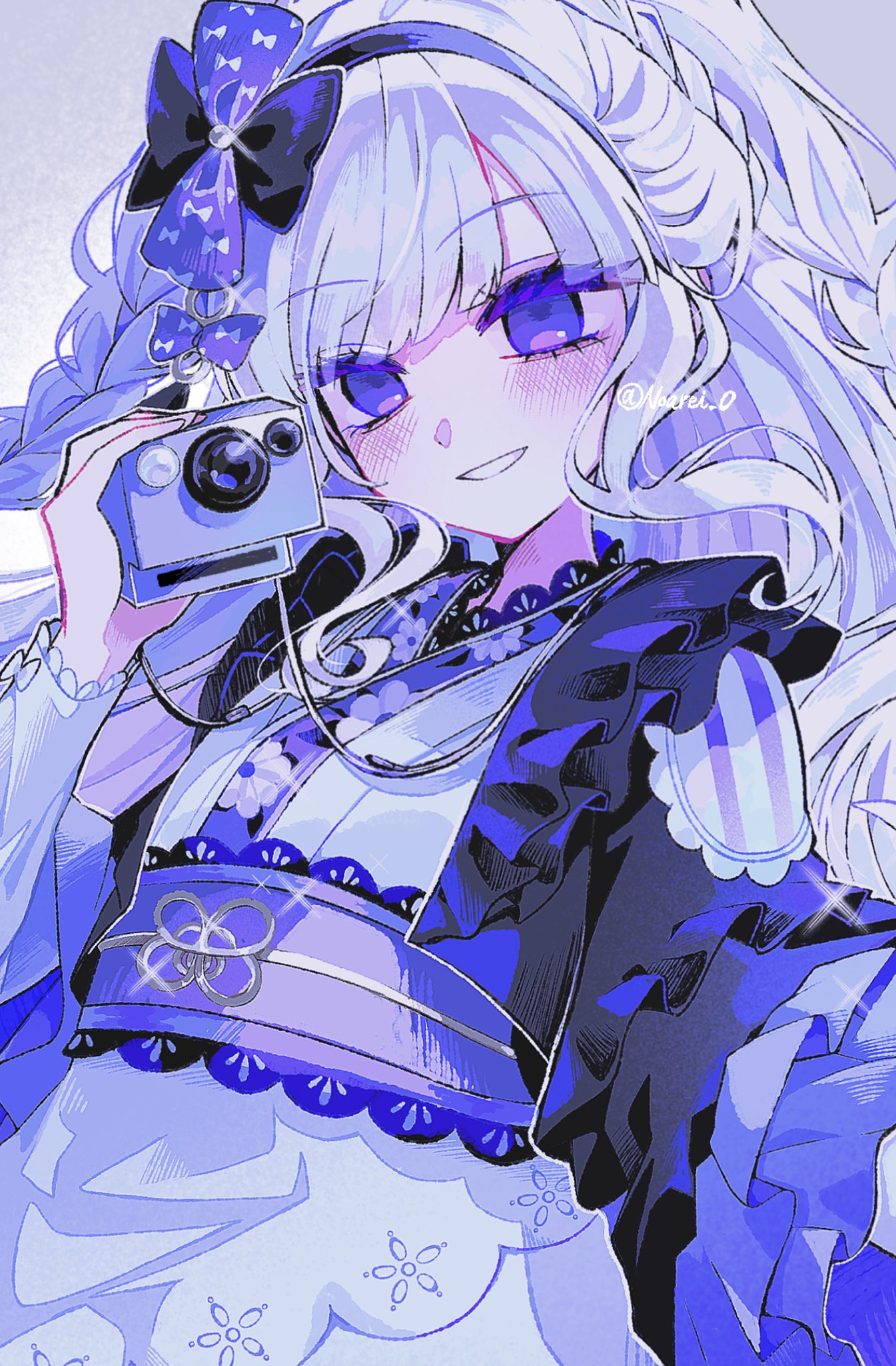 1girl, bow, bowtie, camera, highres, hime_cut, holding, holding_camera