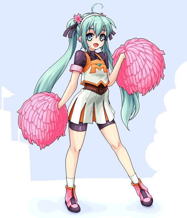 ahoge, aqua_eyes, aqua_hair, cheerleader, hairband, hatsune_miku, long_hair, open_mouth